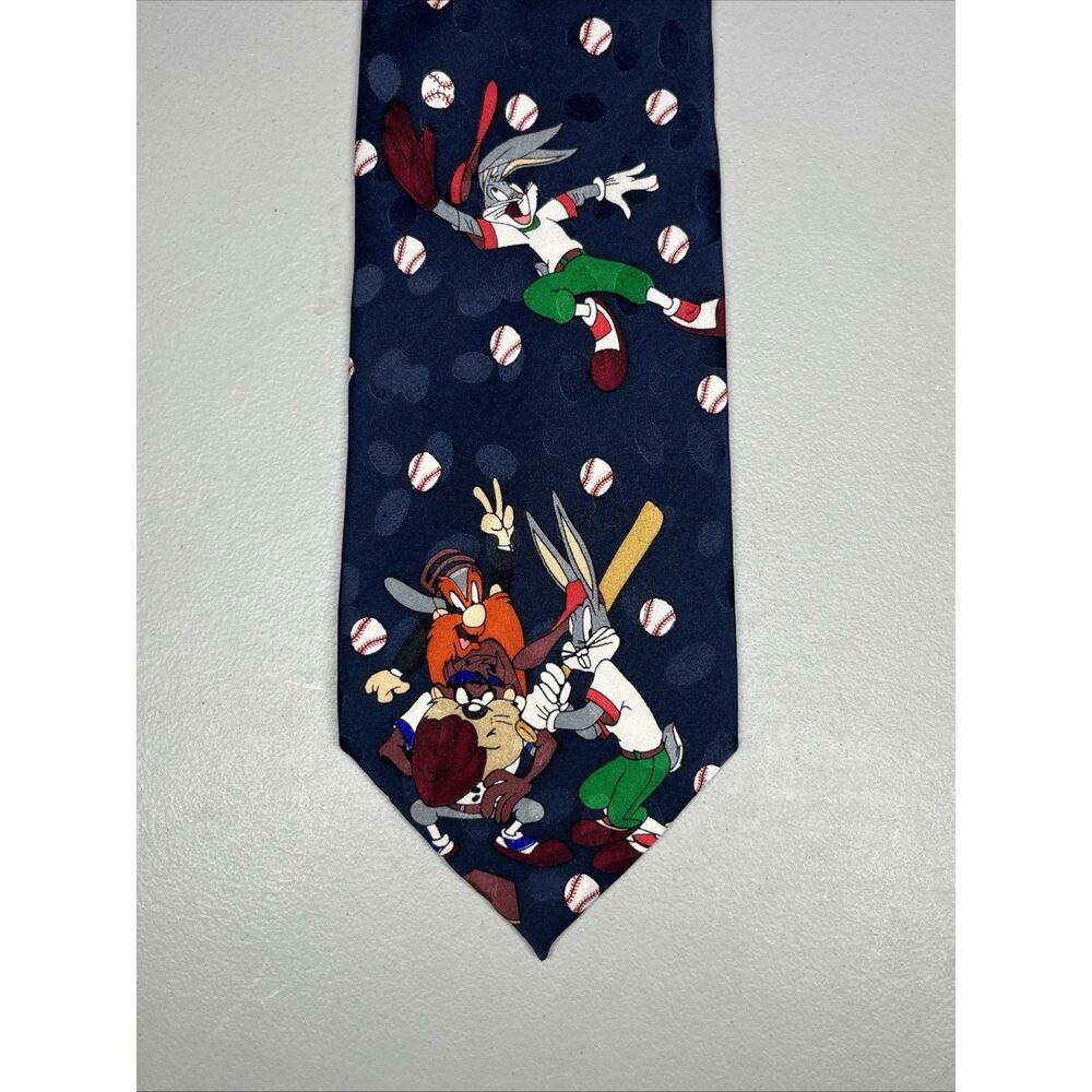 Vintage Looney Tunes Baseball Silk Tie Bugs Yosemite Tasmanian Taz Mens Necktie
